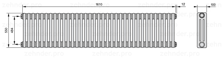 Схема (чертеж) Радиатор Zehnder Charleston 3055/35 №1270 Белый глянцевый RAL 9016